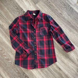 Women's red plaid button down shirt